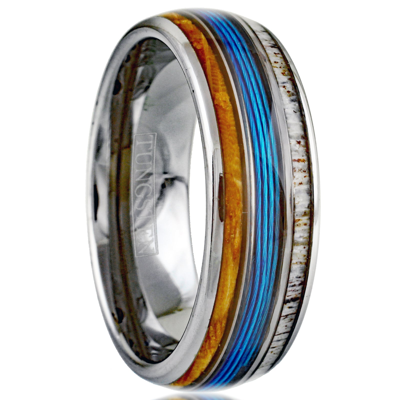 Magnificent Polished Black Tungsten Low Dome Ring with Bright Blue Real  Fishing Line Between Whiskey Barrel Oak Wood and Deer Antler Inlays.