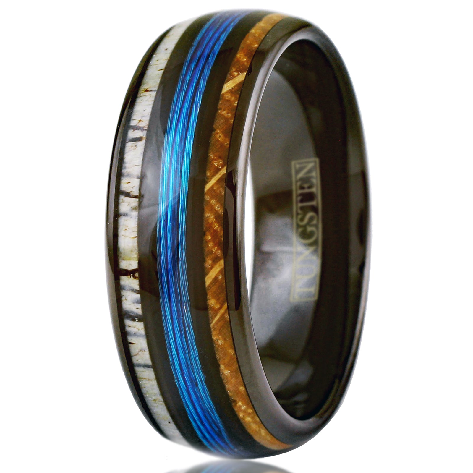 https://www.kingscrossjewelry.com/cdn/shop/files/black-tungsten-carbide-low-dome-band-ring-with-fishing-line-between-whiskey-oak-barrel-wood-and-deer-antler-inlays-discount-tungsten-rings-wedding-bands-a-white-photo.jpg?v=1697267877