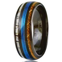 Spectacular Mirror Polished Silver Tungsten Low Dome Ring with Red Real Fishing Line Between Whiskey Barrel Oak Wood and Deer Antler Inlays.