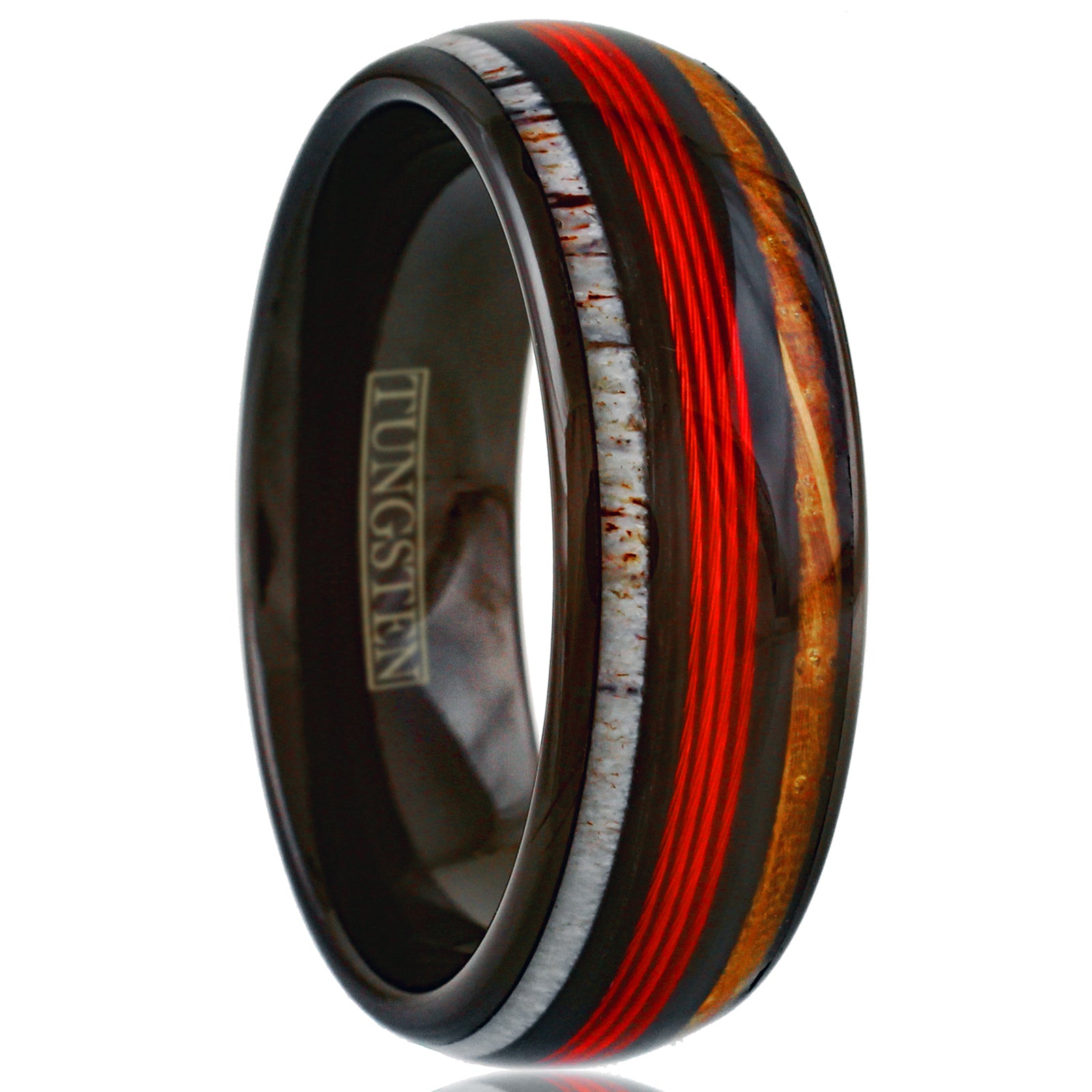 Stunning Magnificent Polished Black Tungsten Low Dome Ring with Ravishing  Red Real Fishing Line Between Whiskey Barrel Oak Wood and Deer Antler