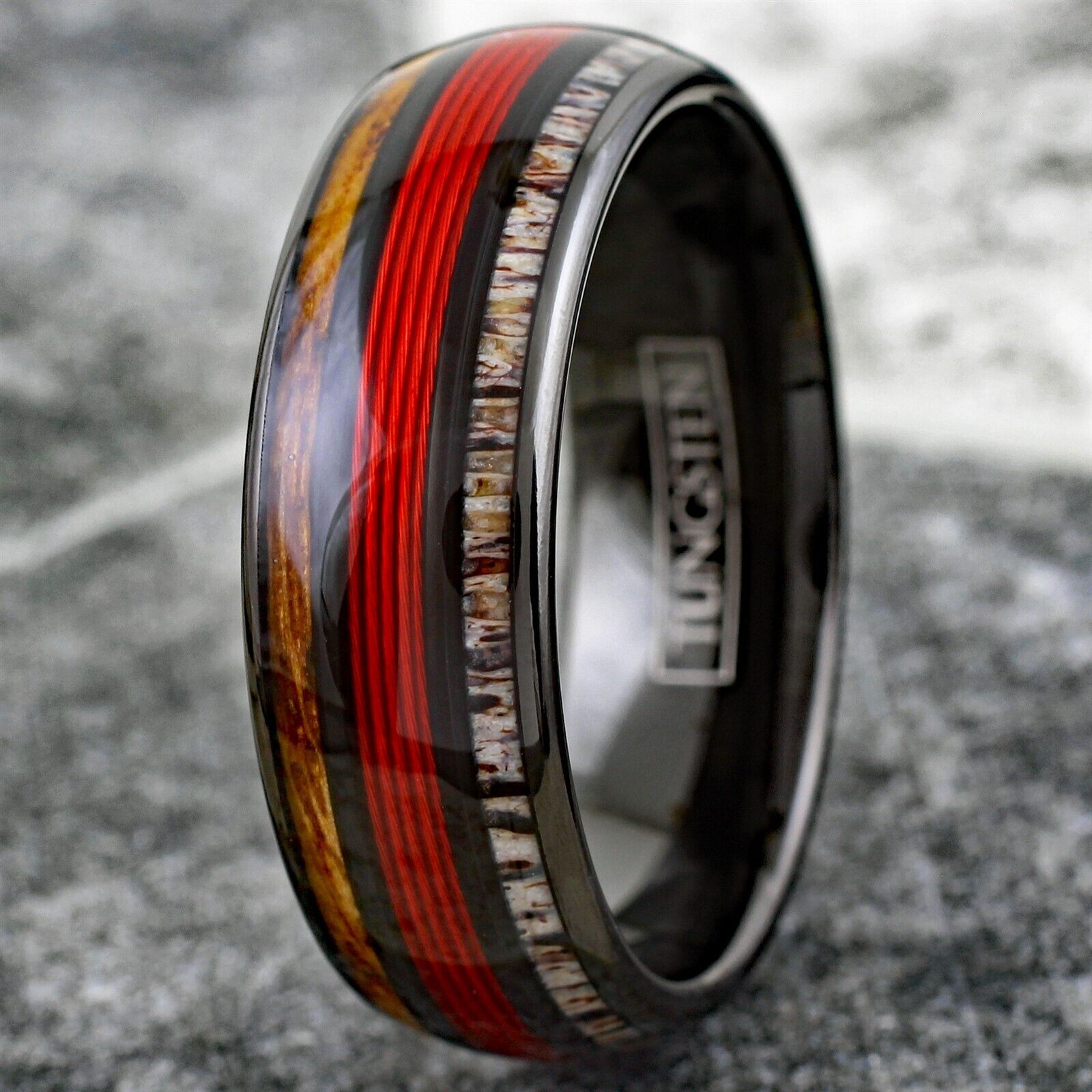 Polished Black Low Dome Tungsten Band Ring w/ Red Fishing Line