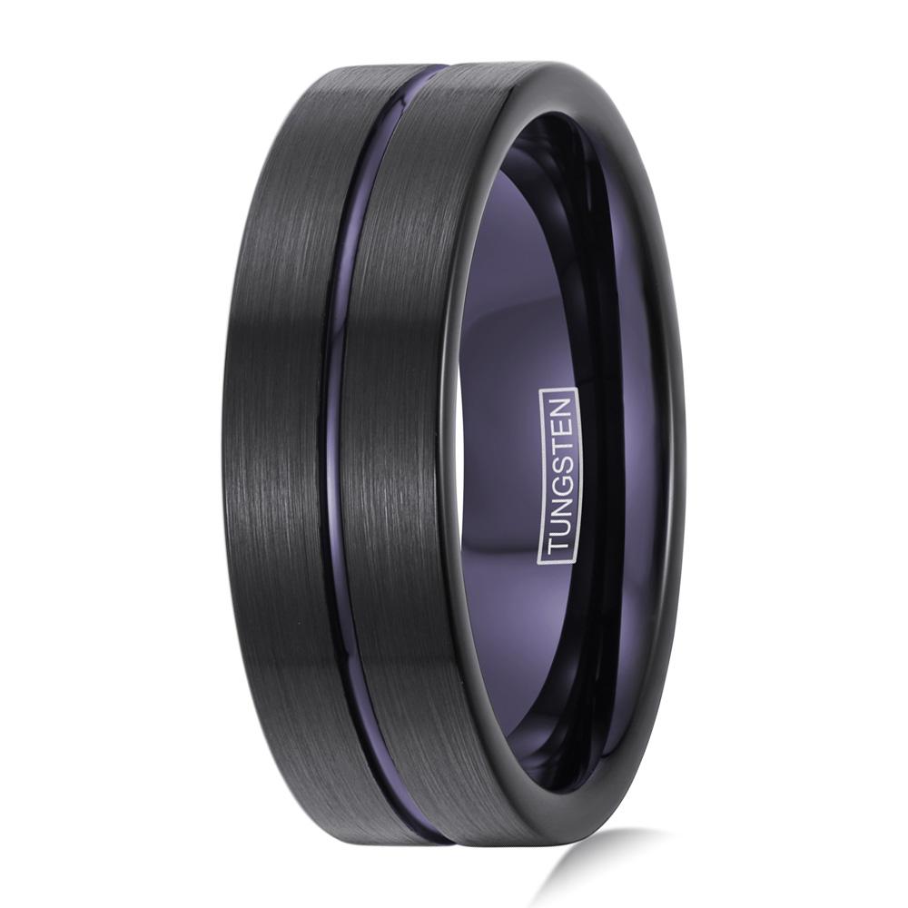 Stunning Magnificent Polished Black Tungsten Low Dome Ring with Ravishing Red Real Fishing Line Between Whiskey Barrel Oak Wood and Deer Antler Inlays