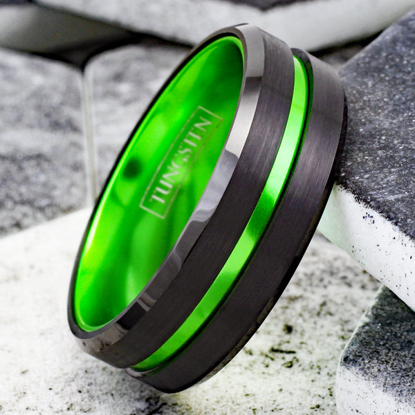 Luscious Black Tungsten Ring with Lime Green Stripe & Lime Green Anodized  Aluminum Inner Band, with Beveled Edges.