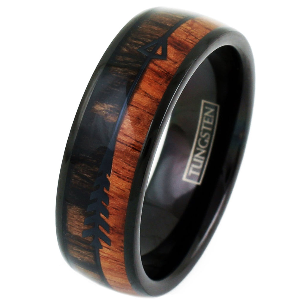 Polished Black Low Dome Tungsten Band Ring w/ Gold Fishing Line Inlay -  925Express